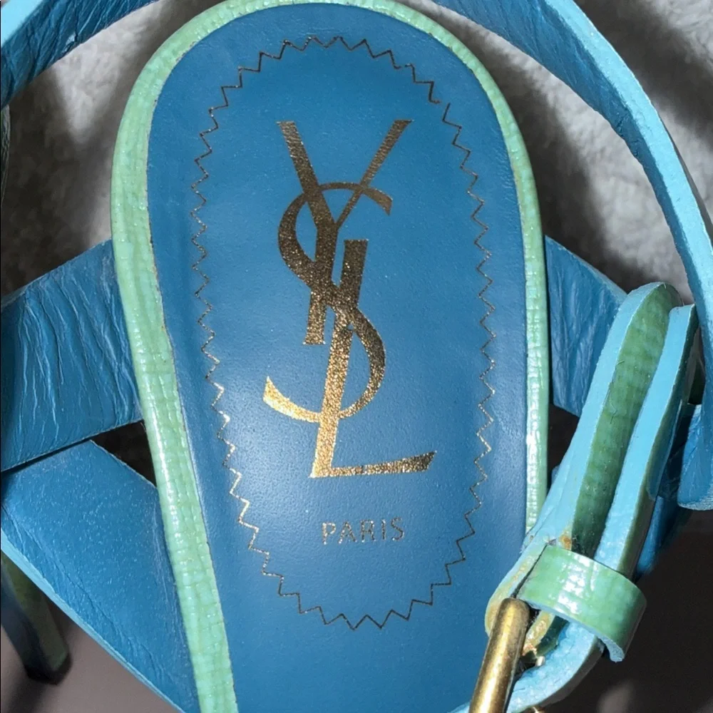 YSL Yves Saint Laurent Tribute Green Lizard Embossed Platform Heels Sandals 36.5